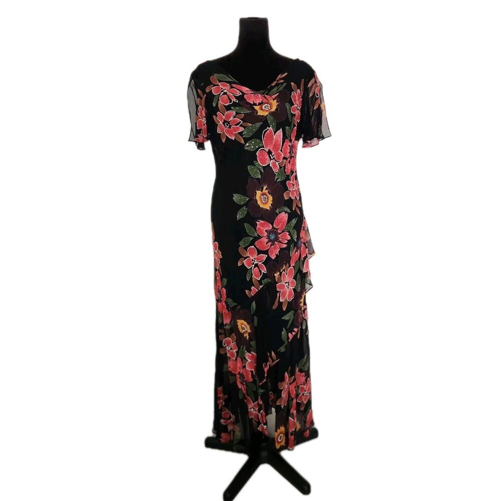 VTG Eva Blue Floral Beaded Tiered Romantic Maxi Dress Fairy Whimsigoth Y2K Sz 16